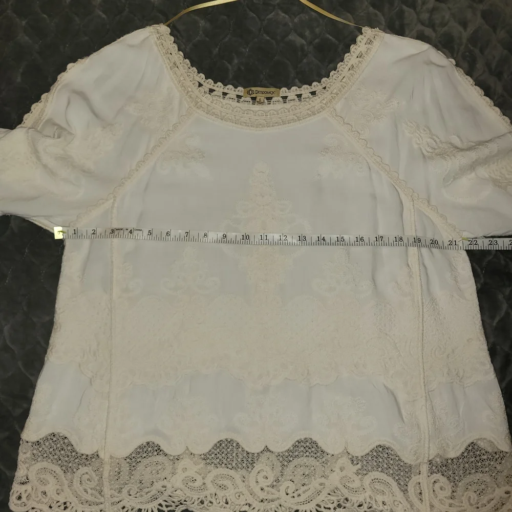 Democracy Cream Lace Trim Boho Blouse Size L Crochet Detail - Picture 12 of 12
